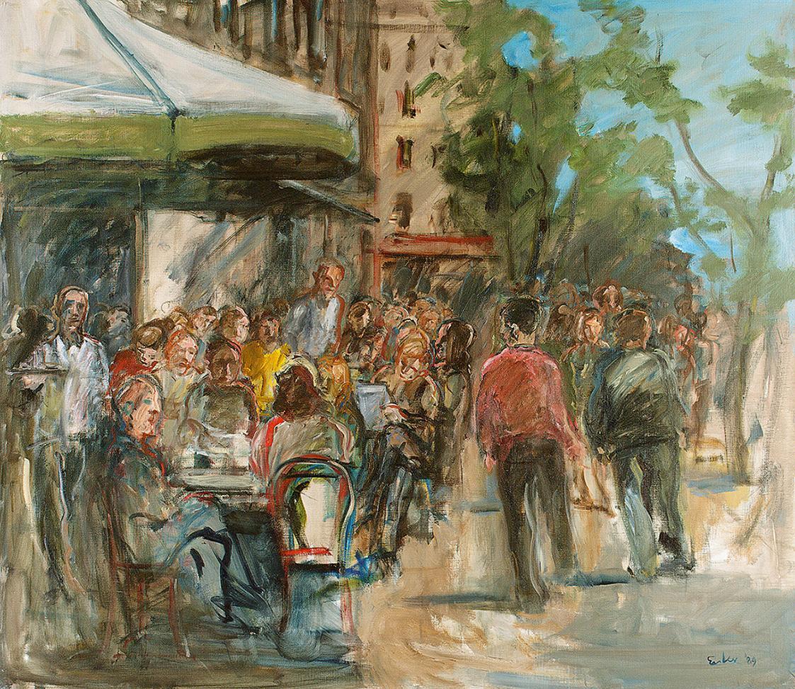 Georg Eisler, Terrasse des Café Deux Magots, 1989, Öl auf Leinwand, 130 × 150 cm, ALBERTINA, Wi ...