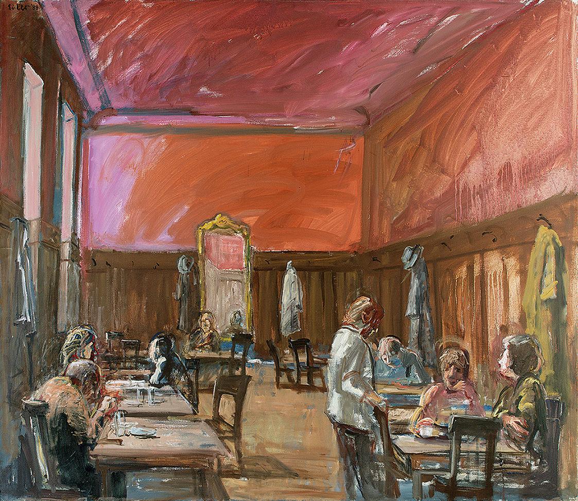 Georg Eisler, Rotes Gasthaus, 1981, Öl auf Leinwand, 135 × 155 cm, ALBERTINA, Wien – Familiensa ...