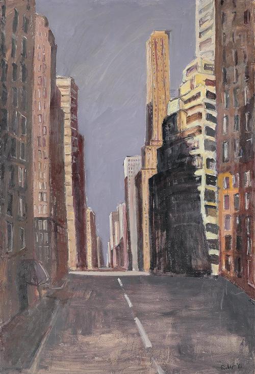 Georg Eisler, Manhatten, morgens, 1981, Öl auf Leinwand, 189,9 × 130,2 cm, Museum der Moderne S ...