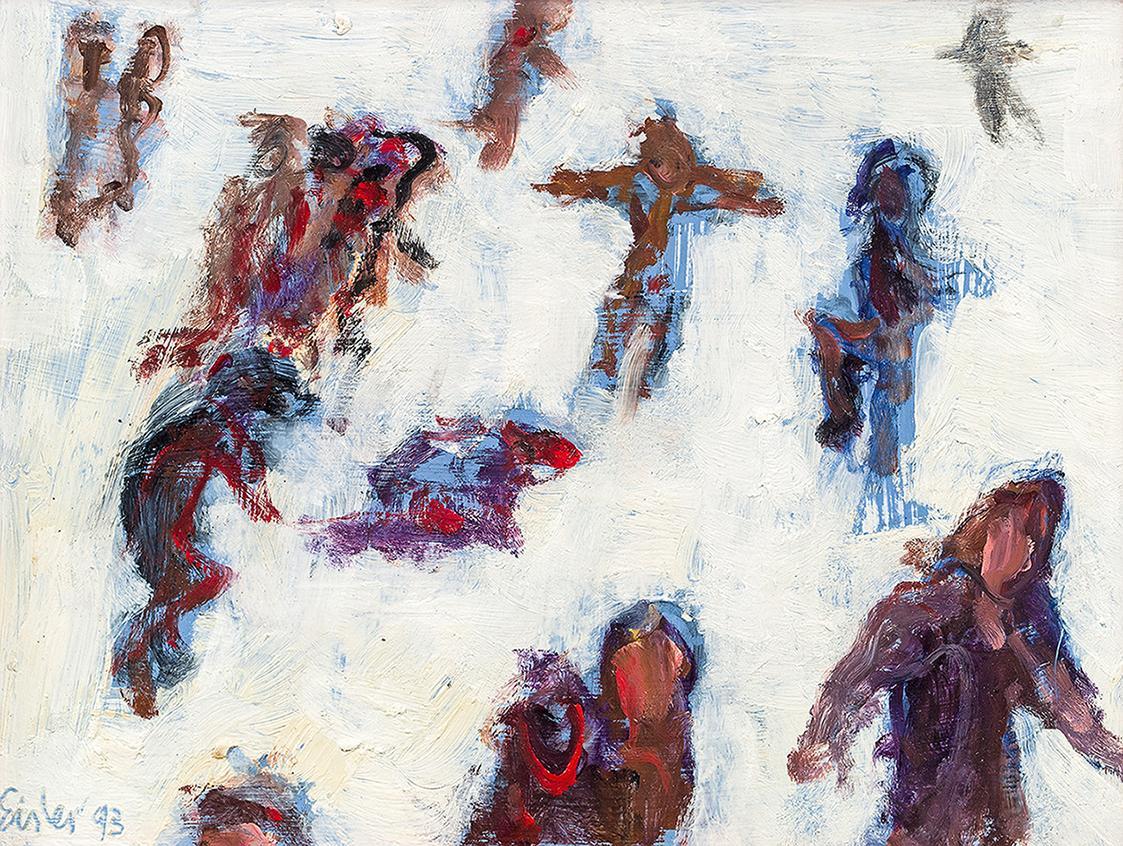 Georg Eisler, Patineurs IV, 1993, Öl auf Holz, 18 × 24 cm, Privatbesitz