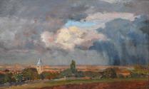 Tina Blau, Gewitter. Heiligenstadt, 1893, Öl auf Holz, 14,5 × 27 cm