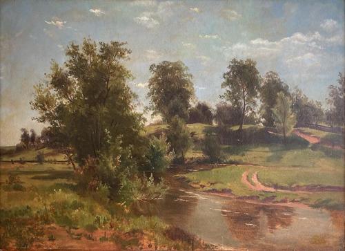 Tina Blau, Hügelige Landschaft mit Bach, um 1868/1869, Öl auf Papier, kaschiert auf Leinwand, 3 ...