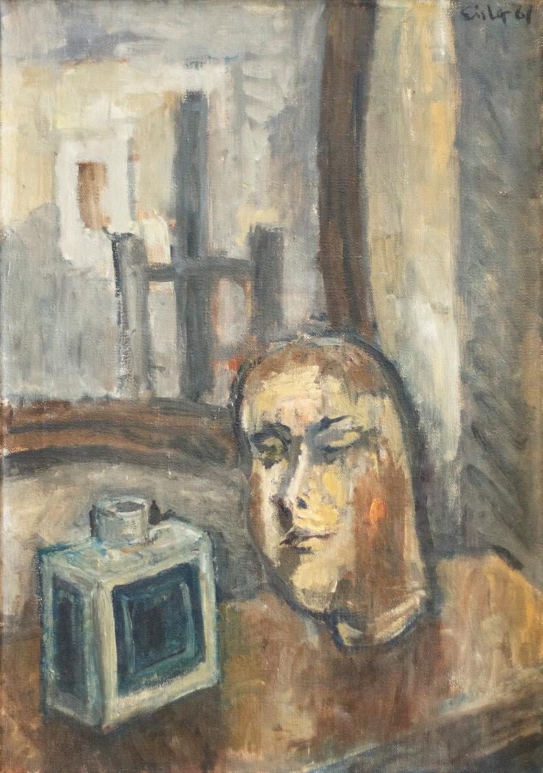 Georg Eisler, Stillleben mit Kopf, 1961, Öl auf Leinwand, 70 × 50 cm, Privatbesitz