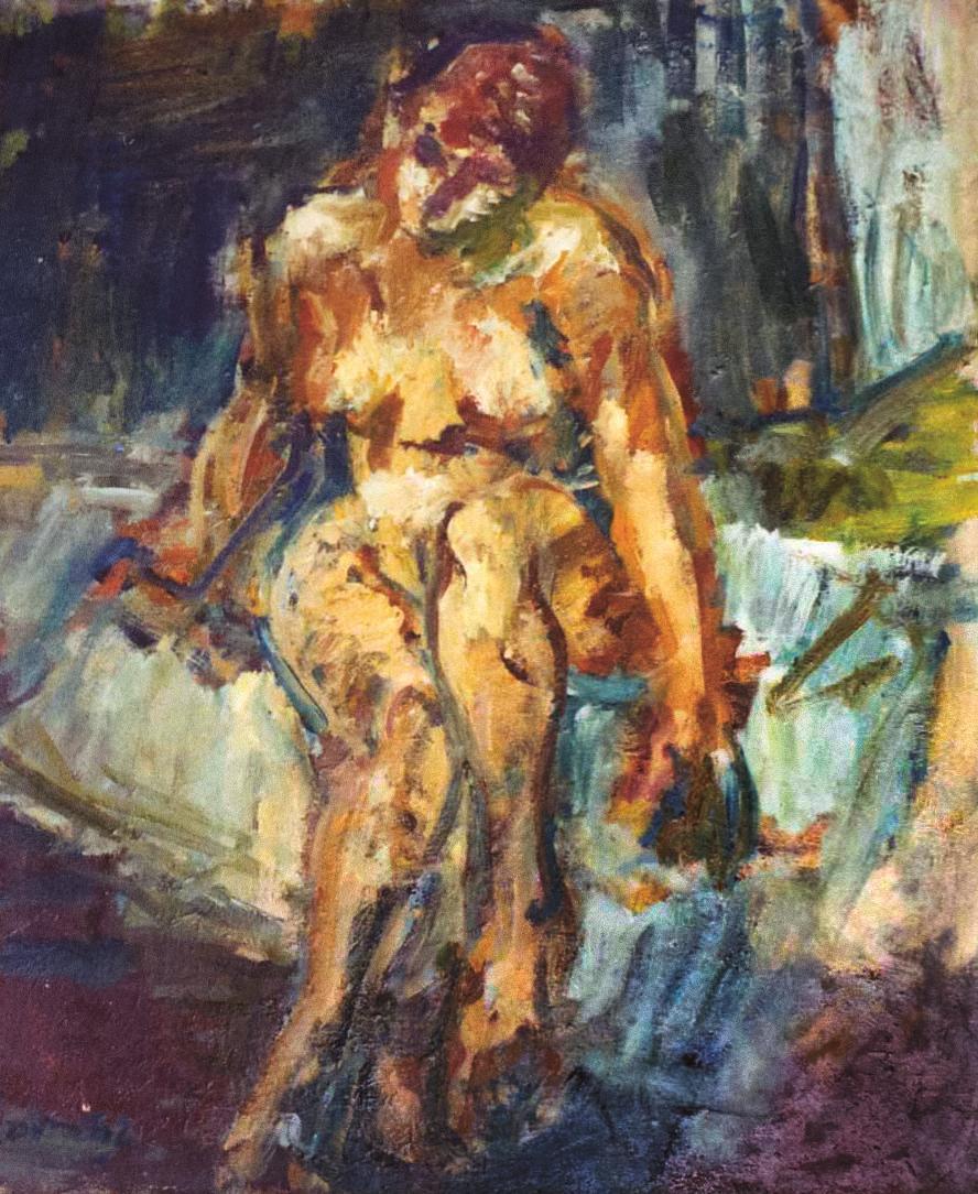 Georg Eisler, Sitzender Akt auf einem Bett, 1962, Öl auf Leinwand, 60 × 50 cm, Verbleib unbekan ...