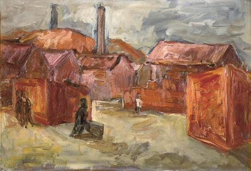 Georg Eisler, Ziegelfabrik I, 1965, Öl auf Leinwand, 59,5 × 48 cm, Privatbesitz