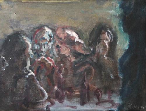 Georg Eisler, Supper in Hampstead IV, 1990, Öl auf Leinwand, 17,5 × 23,5 cm, Unbekannter Privat ...