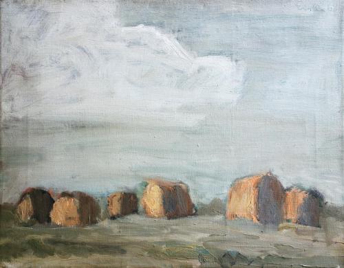 Georg Eisler, Heuschober im Seewinkel, 1968, Öl auf Leinwand, 35,5 × 46 cm, Privatbesitz