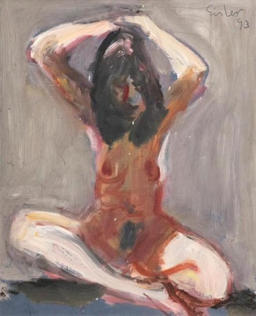 Georg Eisler, Sitzende mit erhobenen Armen, 1993, Öl auf Holz, 27 × 22 cm, Privatbesitz