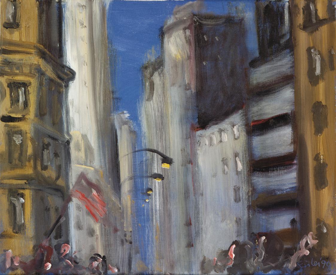 Georg Eisler, 7th Avenue, 1990, Öl auf Leinwand, 36 × 45 cm, Privatbesitz