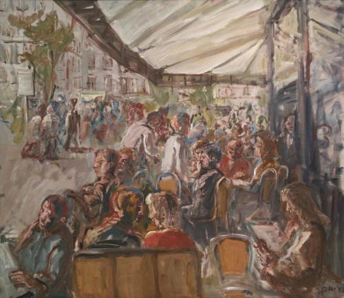 Georg Eisler, Café Deux Magots, 1988, Öl auf Leinwand, 130 × 150 cm, Privatbesitz