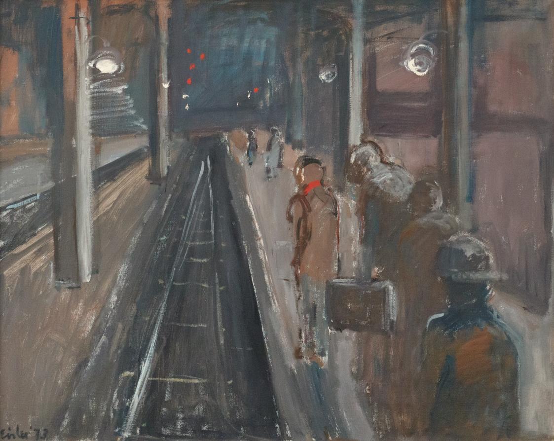 Georg Eisler, Bahnsteig, D., 1973, Öl auf Leinwand, 80 × 100 cm, Privatbesitz