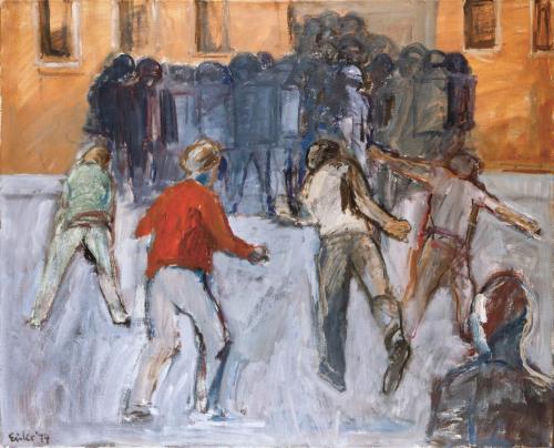 Georg Eisler, Straßenkampf, 1974, Öl auf Leinwand, 80 × 100 cm, Verbleib unbekannt