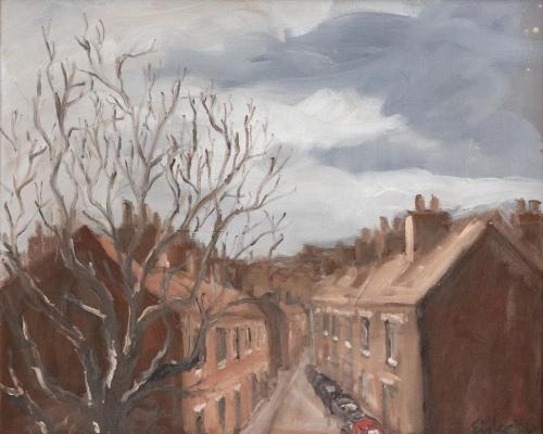 Georg Eisler, Straße mit Baum, 1986, Öl auf Leinwand, 40 × 50 cm, Privatsammlung