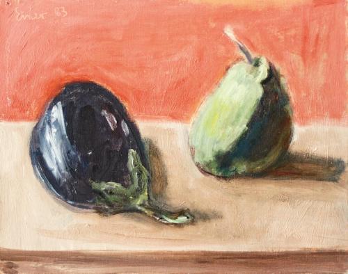 Georg Eisler, Melanzani und Birne, 1983, Öl auf Leinwand, 27 × 34,7 cm, Privatbesitz, Wien