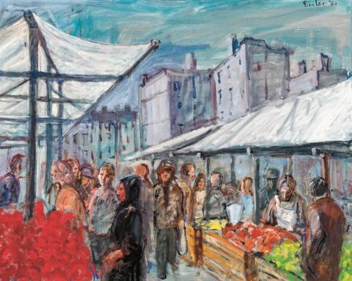 Georg Eisler, Winterfeldplatz – Markt, 1983, Öl auf Leinwand, 80 × 100 cm, Privatbesitz, Wien