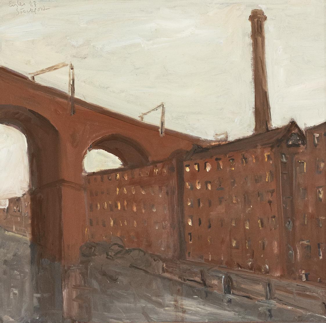 Georg Eisler, Stockport: Factory and Viaduct, 1987, Öl auf Leinwand, 50,2 × 50,5 cm, Privatbesi ...
