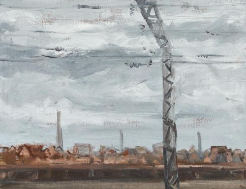 Georg Eisler, Vor Manchester, 1987, Öl auf Leinwand, 36 × 45 cm, Privatbesitz, Wien
