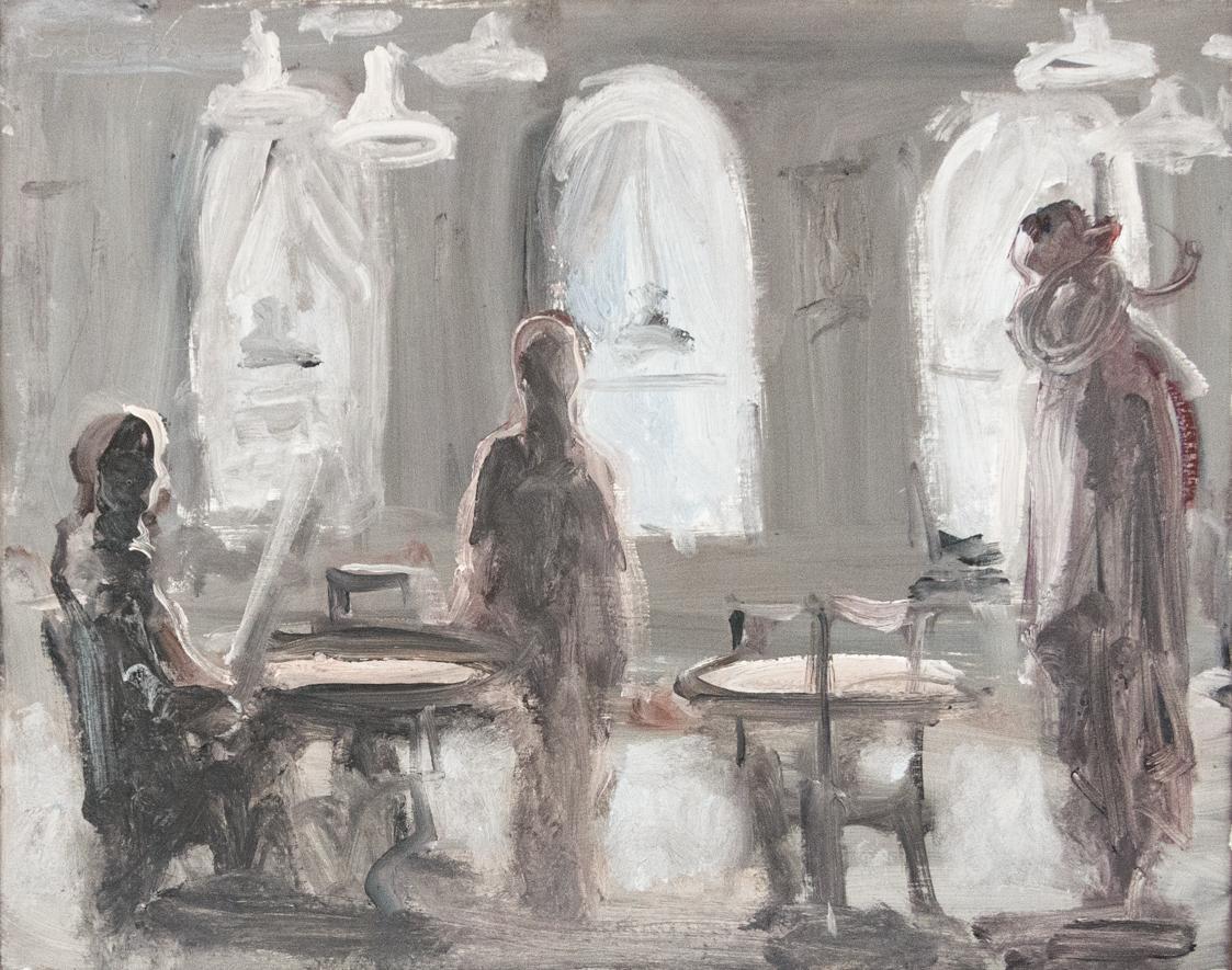 Georg Eisler, Kleines Café, 1988, Öl auf Leinwand, 39,5 × 49,5 cm, Privatbesitz
