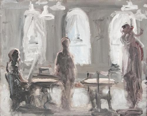 Georg Eisler, Kleines Café, 1988, Öl auf Leinwand, 39,5 × 49,5 cm, Privatbesitz