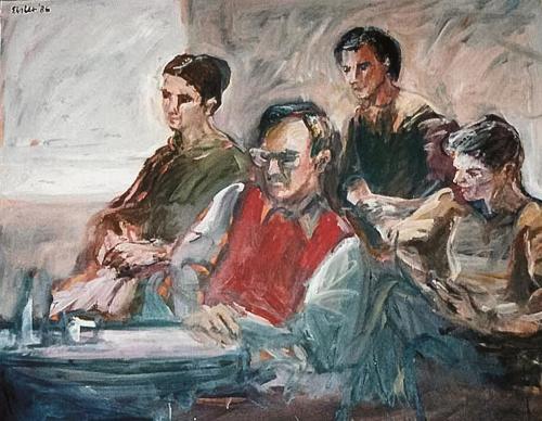 Georg Eisler, Familienbild Mussi, 1986, Öl auf Leinwand, 80 × 100 cm, Verbleib unbekannt