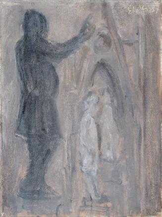 Georg Eisler, Denkmal im Nebel, 1987, Öl auf Leinwand, 24 × 18 cm, Verbleib unbekannt