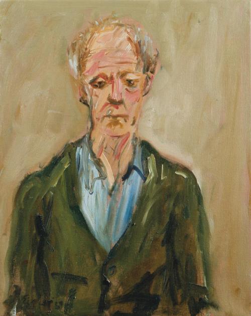 Georg Eisler, Porträt John Willett, 1989, Öl auf Leinwand, 50 × 40 cm, Verbleib unbekannt