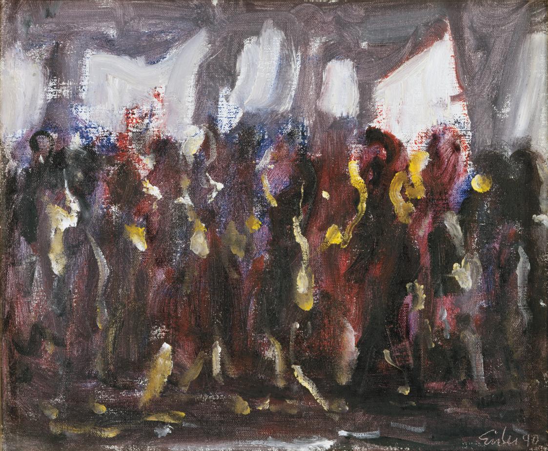 Georg Eisler, Abendliche Demo in Dresden, 1990, Öl auf Leinwand, 28 × 34 cm, Privatbesitz