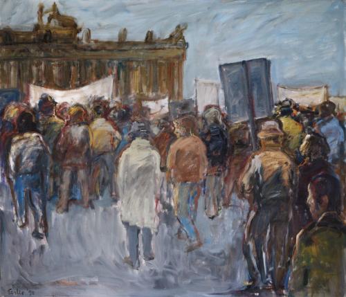 Georg Eisler, Demo am Lustgarten II, 1990, Öl auf Leinwand, 130 × 150 cm, Verbleib unbekannt