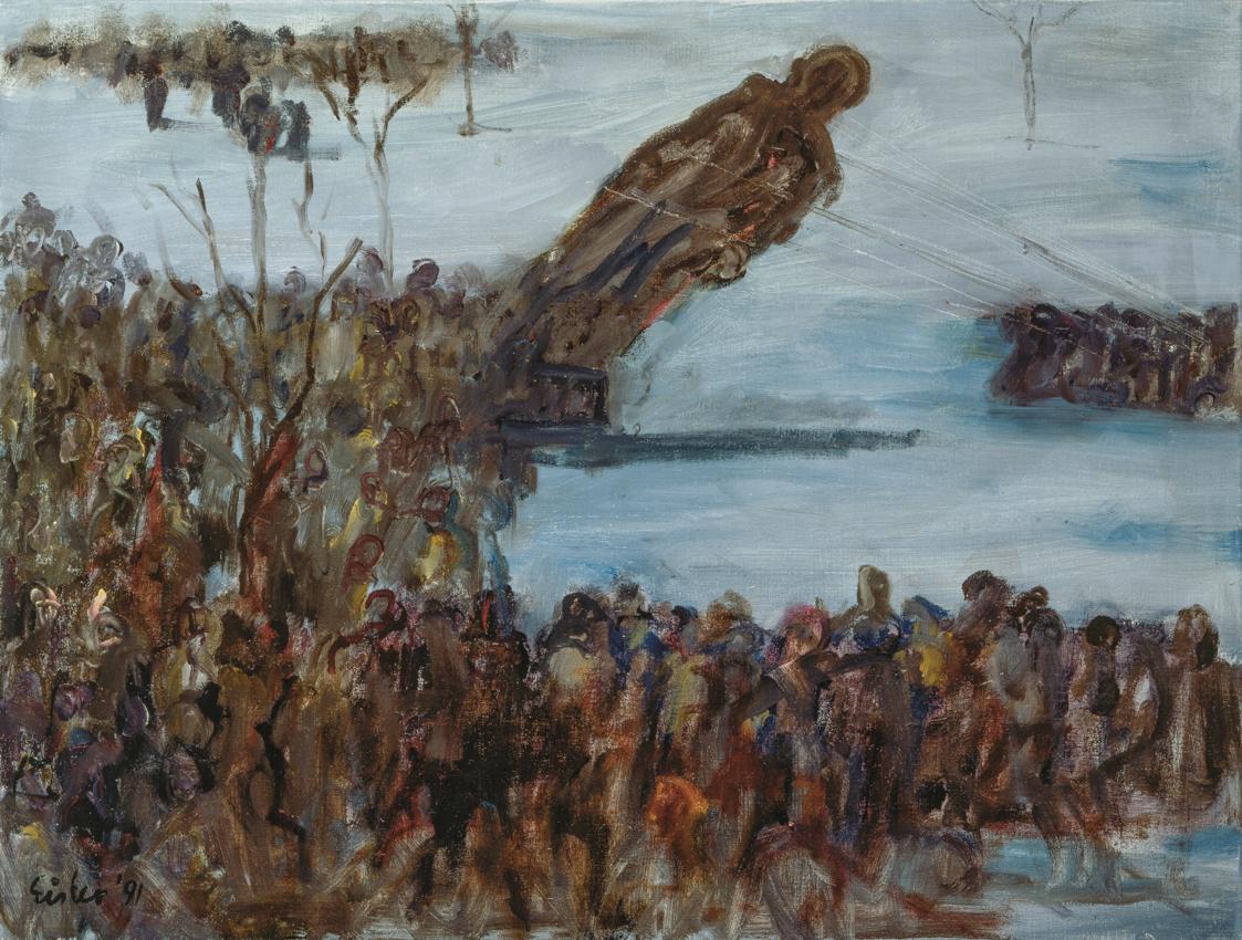 Georg Eisler, Denkmalsturz, 1991, Öl auf Leinwand, 60 × 80 cm, Verbleib unbekannt