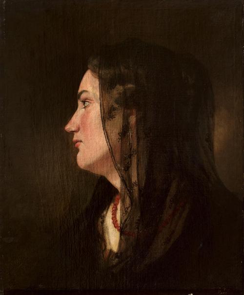 Friedrich von Amerling, Junge Frau im Profil mit schwarzer Mantilla, 1836, Öl auf Leinwand, spä ...