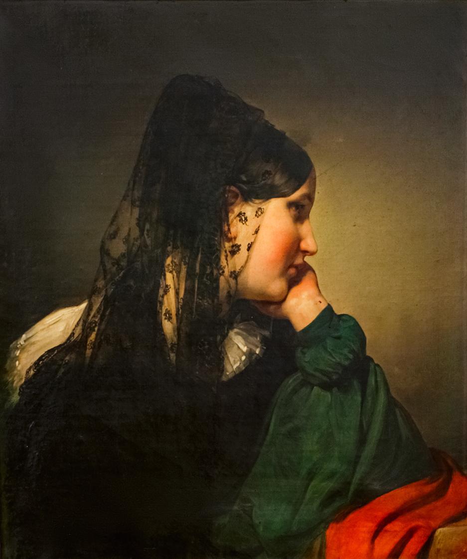 Friedrich von Amerling, Mädchen im Profil mit schwarzer Mantille, den Kopf in die linke Hand ge ...