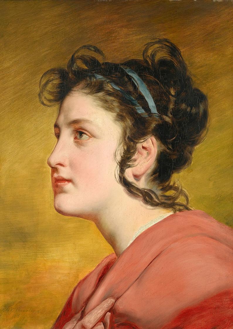 Friedrich von Amerling, Modell Elise Kreuzberger im Profil mit blauem Bande und aufgelösten Haa ...