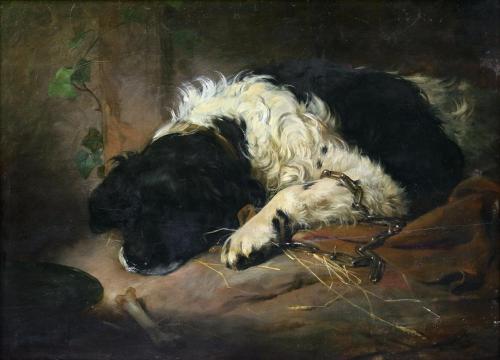 Friedrich von Amerling, Liegender Hühnerhund mit Kette, nach 1850, Öl auf Holz, 73 × 100 cm, Pr ...