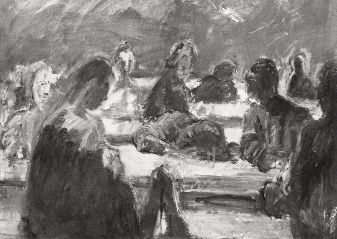 Georg Eisler, Bahnhofswartesaal in D., 1970, Öl auf Leinwand, 80 × 100 cm, Verbleib unbekannt