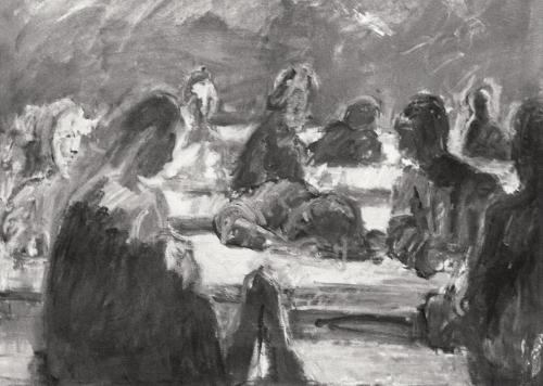 Georg Eisler, Bahnhofswartesaal in D., 1970, Öl auf Leinwand, 80 × 100 cm, Verbleib unbekannt