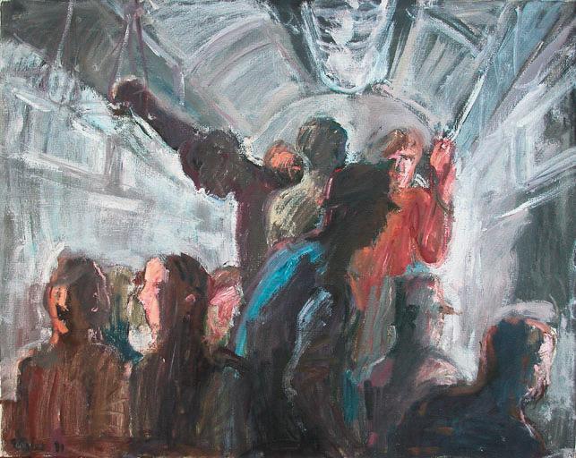 Georg Eisler, Straßenbahn, 1971, Öl auf Leinwand, 80 × 100 cm, Sammlung Leonhardt