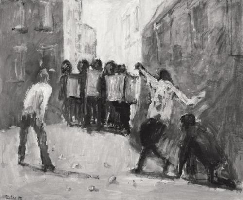Georg Eisler, Kleiner Straßenkampf, 1972, Öl auf Leinwand, 80 × 100 cm, Verbleib unbekannt