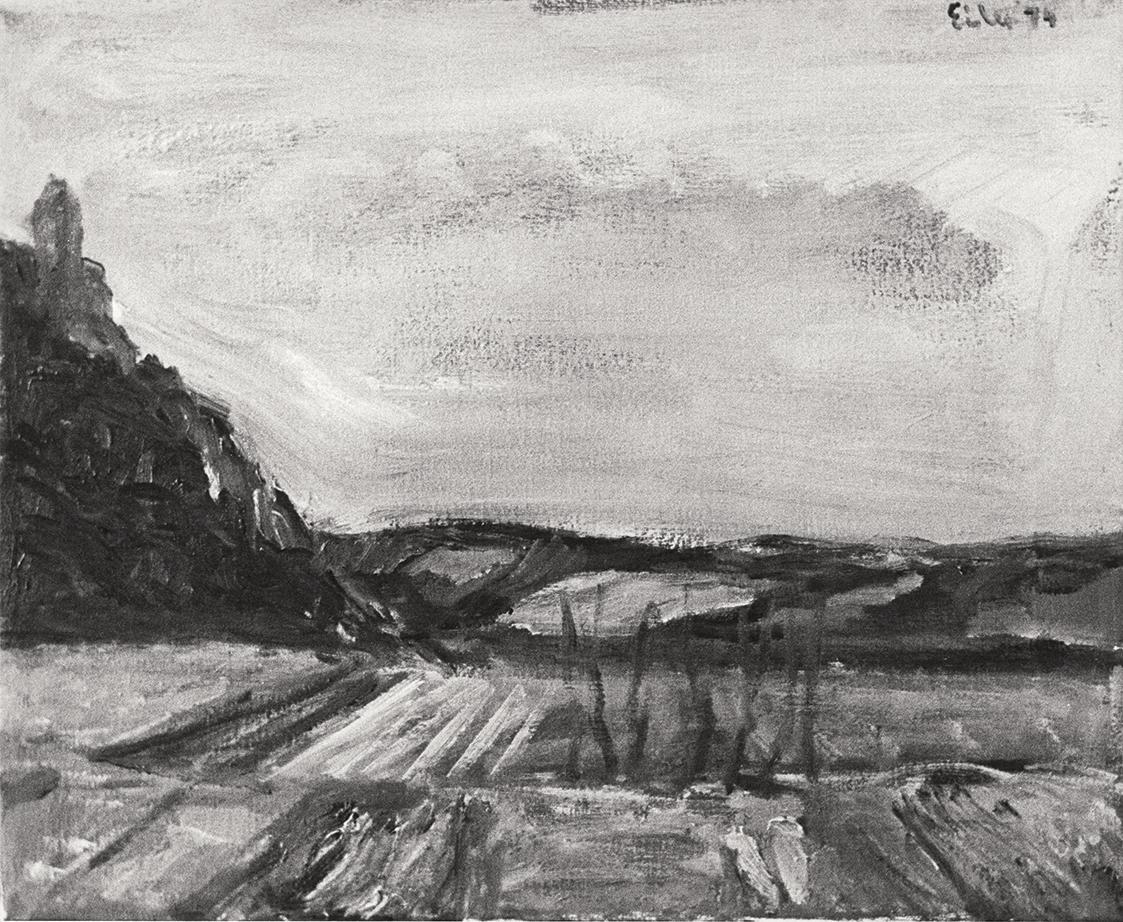 Georg Eisler, Seebenstein, 1974, Öl auf Leinwand, 36 × 45 cm, Verbleib unbekannt