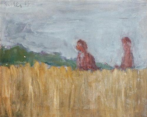 Georg Eisler, Zwei Figuren in einem Kornfeld, 1967, Öl auf Leinwand, 36 × 45 cm, Verbleib unbek ...