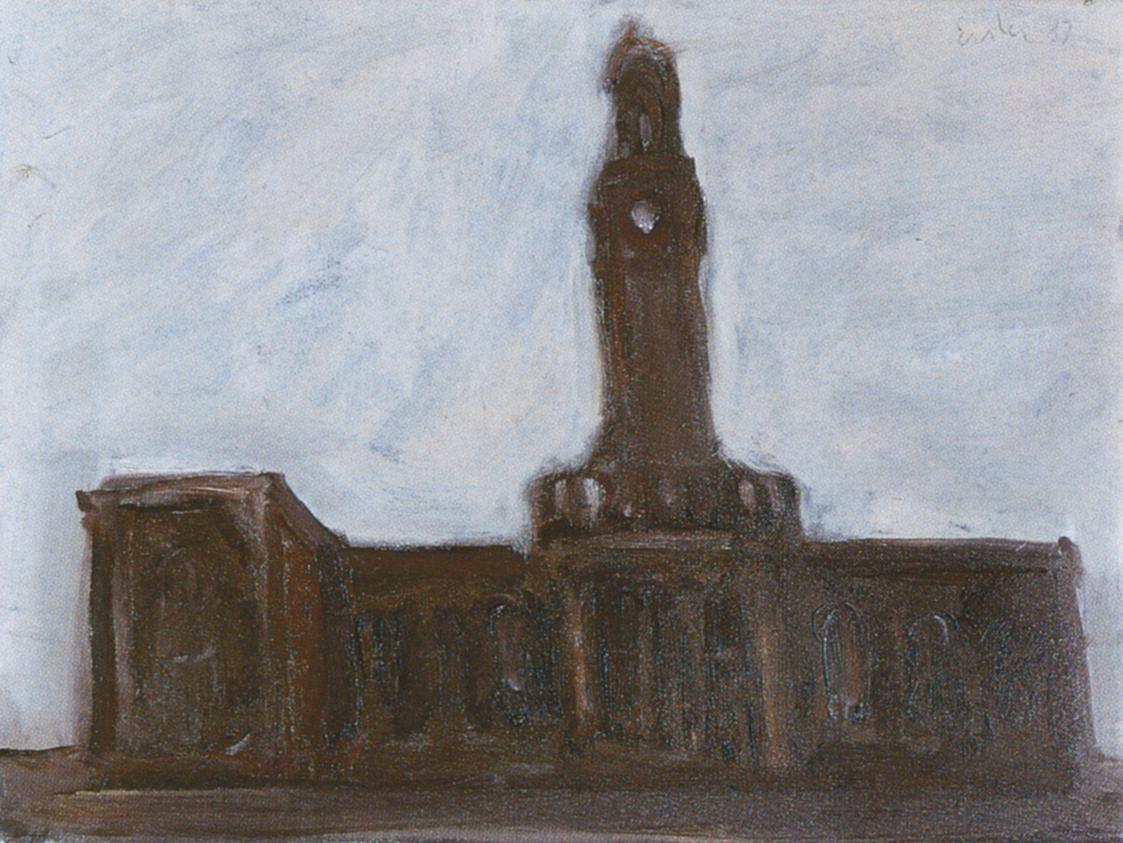 Georg Eisler, Kirche in Salford, 1987, Öl auf Leinwand, 30 × 40 cm, Verbleib unbekannt