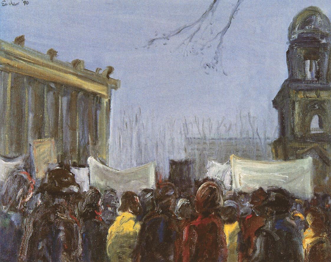 Georg Eisler, Demo am Lustgarten I, 1990, Öl auf Leinwand, 80 × 100 cm, Verbleib unbekannt