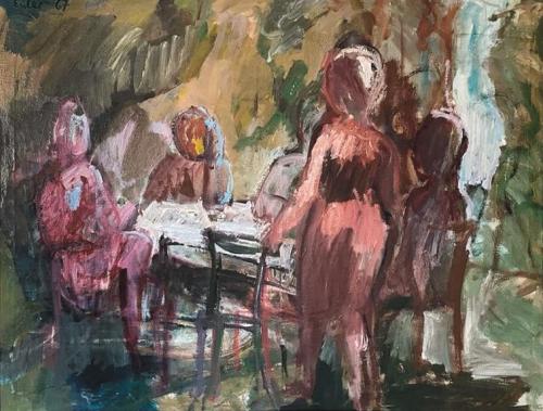 Georg Eisler, Gesellschaft im Freien I, 1967, Öl auf Leinwand, 80 × 100 cm, Privatbesitz