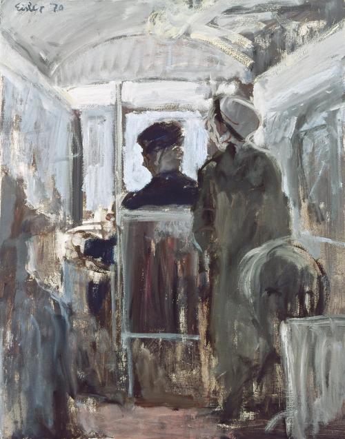 Georg Eisler, Straßenbahn I, 1970, Öl auf Leinwand, 100 × 80 cm, Verbleib unbekannt