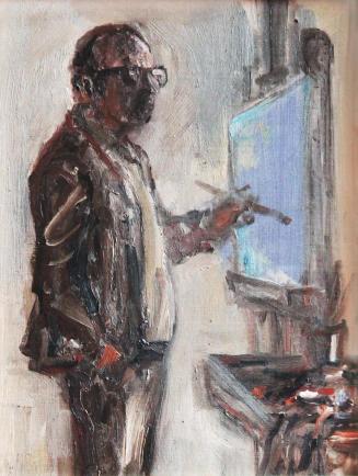 Georg Eisler, Selbstporträt mit Staffelei, 1991, Öl auf Holz, 30 × 24 cm, Privatbesitz