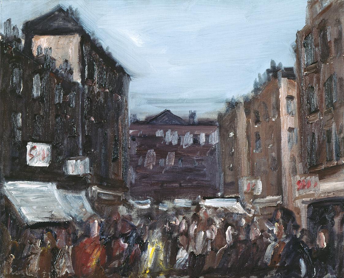 Georg Eisler, Petticoat Lane, 1977, Öl auf Leinwand, 36 × 45 cm, Verbleib unbekannt