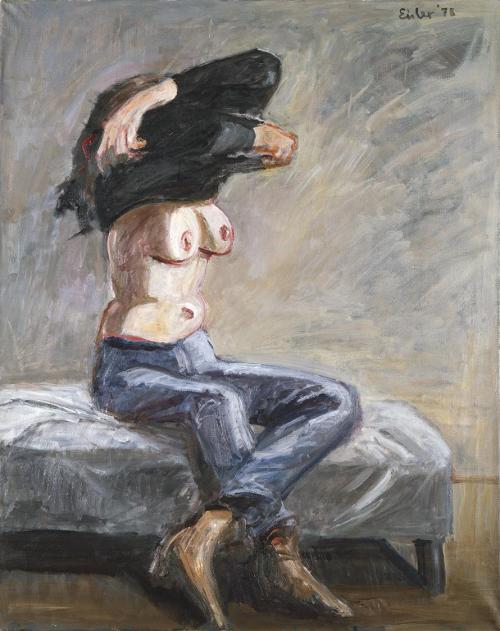 Georg Eisler, Der Pullover, 1978, Öl auf Leinwand, 100 × 80 cm, Verbleib unbekannt