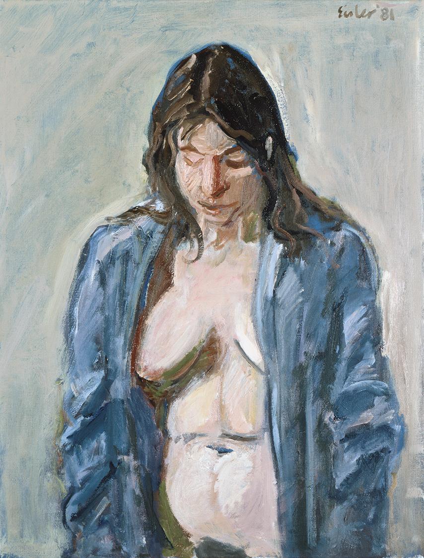 Georg Eisler, Stehende mit blauer Bluse, 1981, Öl auf Leinwand, 65 × 50 cm, Verbleib unbekannt