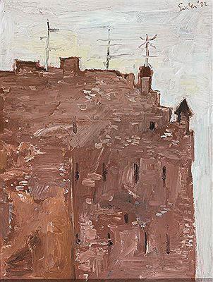 Georg Eisler, Brandmauer, 1982, Öl auf Malkarton, 41 × 31 cm, Verbleib unbekannt