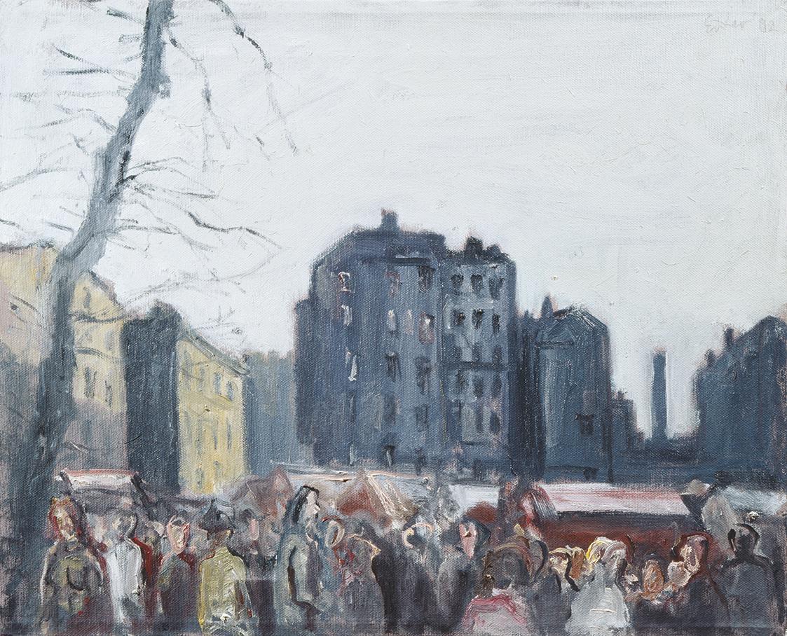 Georg Eisler, Winterfeldplatz Markt, 1982, Öl auf Leinwand, 40 × 50 cm, Verbleib unbekannt