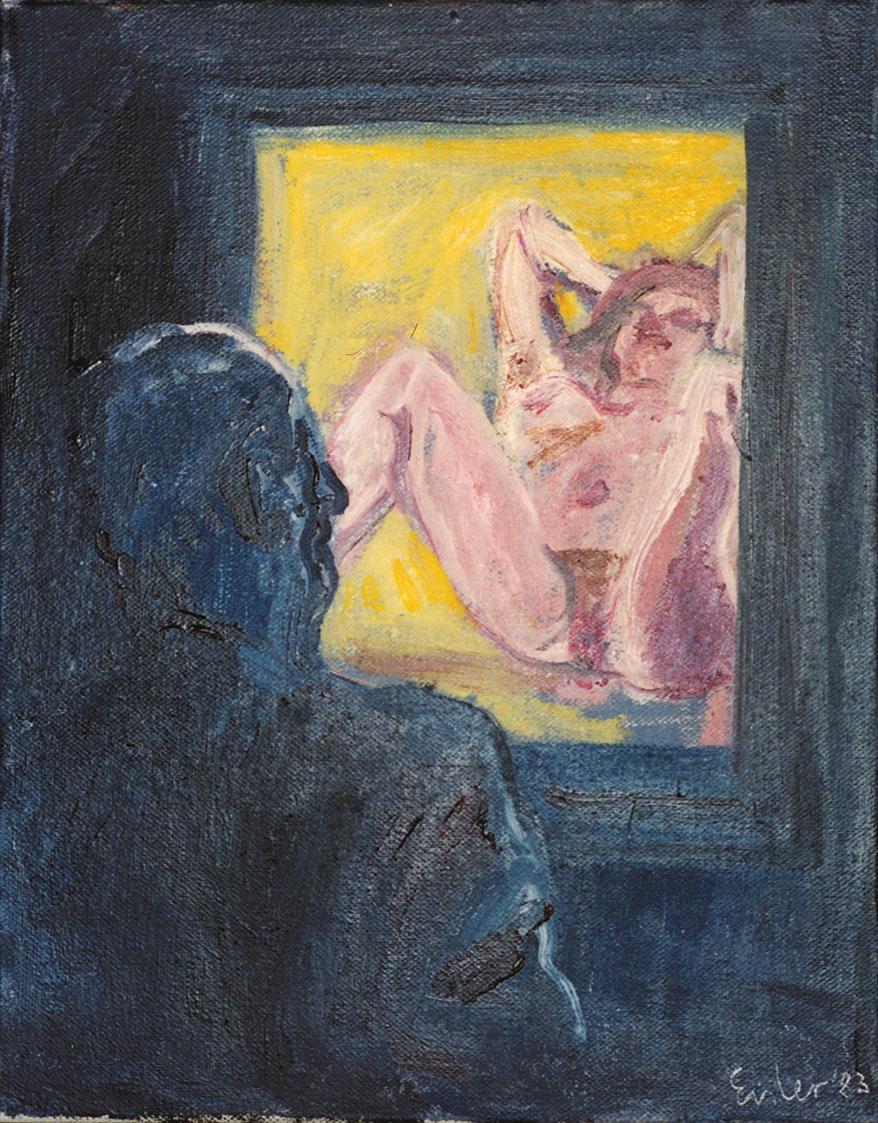 Georg Eisler, Peep Show, 1983, Öl auf Leinwand, 30 × 24 cm, Verbleib unbekannt